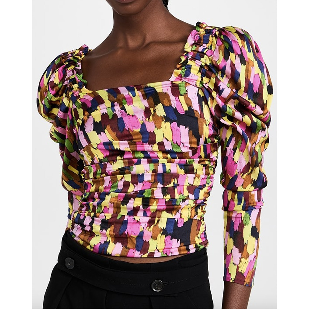 Brogger Loretta Top Stretch Satin Ruched Puff Sleeve Abstract Paint